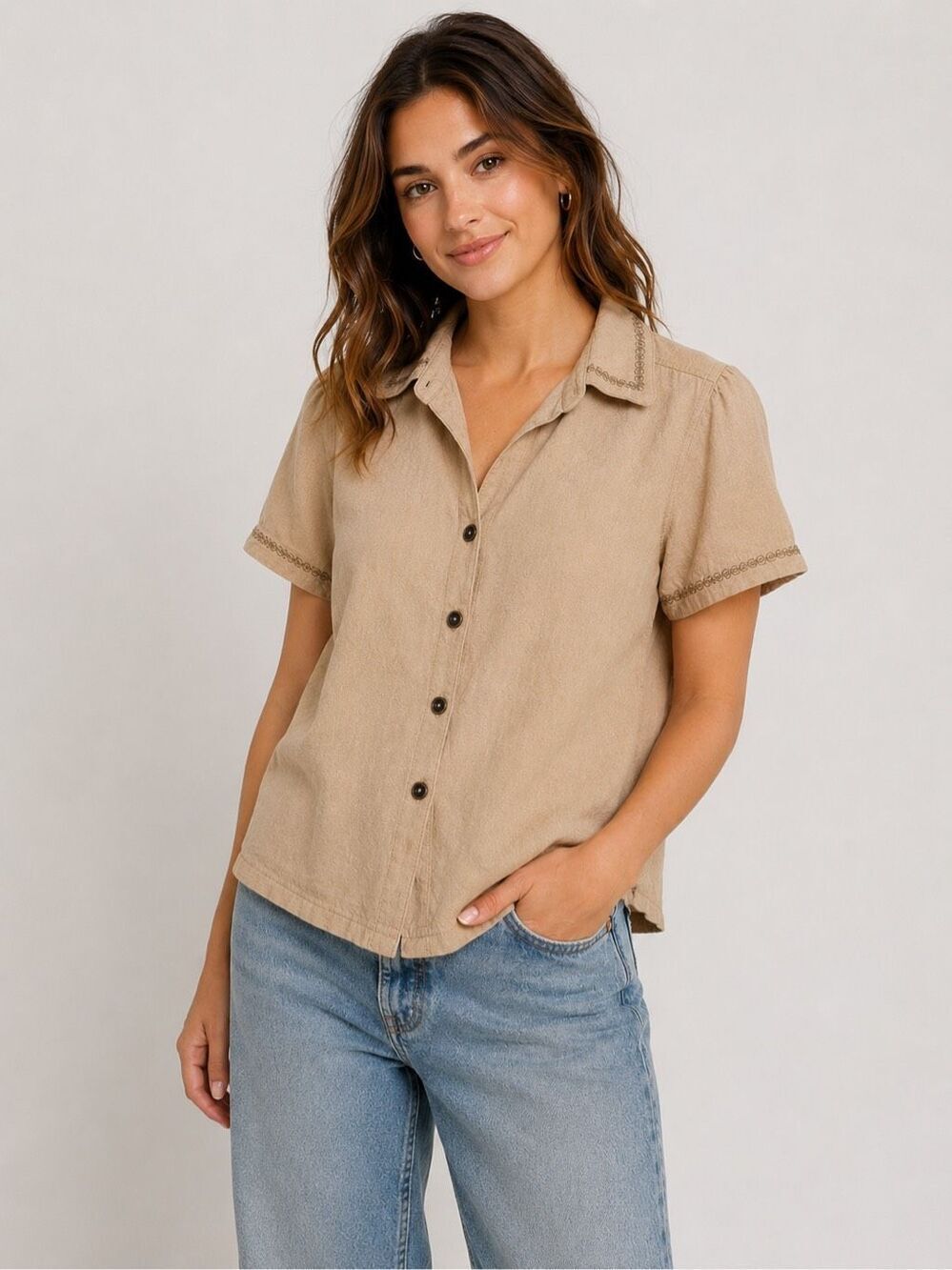 BDG Fusion Petite PXL Linen Blend Button Up Shirt Beige Short Sleeve